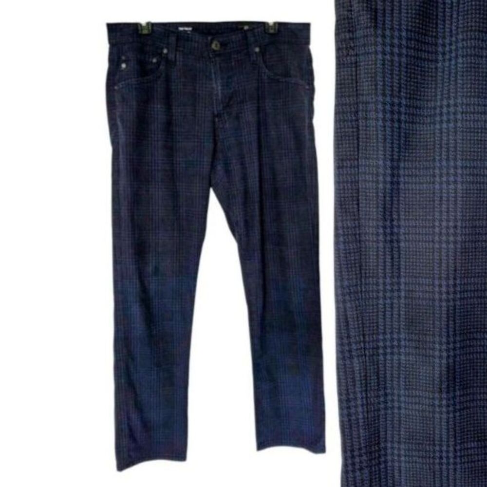 AG Adriano Goldschmied Tellis Slim Jeans Mens 33x34 Navy Plaid Stretch Denim